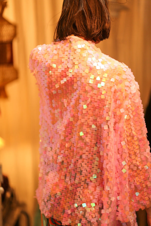 PINK SHORT SEQUIN GLITTER KIMONO JANINE - sustainably made MOMO NEW YORK sustainable clothing, kimono slow fashion