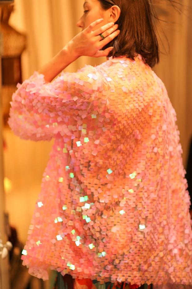 PINK SHORT SEQUIN GLITTER KIMONO JANINE - sustainably made MOMO NEW YORK sustainable clothing, kimono slow fashion