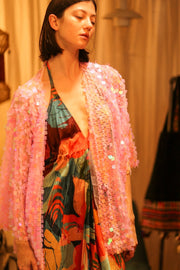 PINK SHORT SEQUIN GLITTER KIMONO JANINE - sustainably made MOMO NEW YORK sustainable clothing, kimono slow fashion