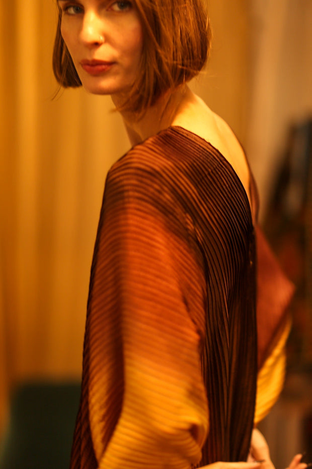 PLEATED SUNSET SILK KAFTAN - sustainably made MOMO NEW YORK sustainable clothing, dress slow fashion