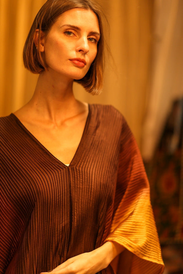 PLEATED SUNSET SILK KAFTAN - sustainably made MOMO NEW YORK sustainable clothing, dress slow fashion