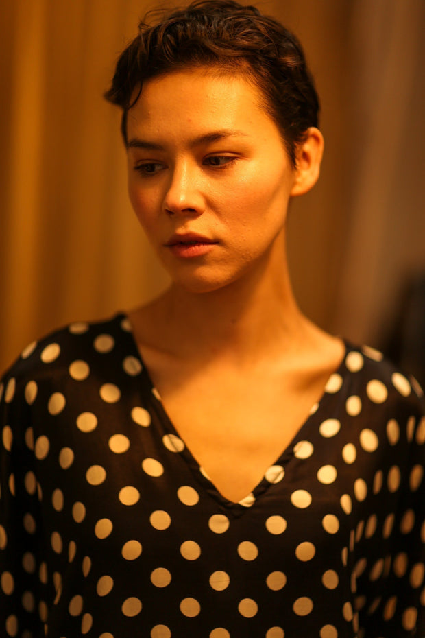 POLKA DOT SILK KAFTAN YAYA - sustainably made MOMO NEW YORK sustainable clothing, bestseller slow fashion