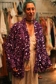 PURPLE SEQUIN EMBROIDERED KIMONO - sustainably made MOMO NEW YORK sustainable clothing, bestseller slow fashion