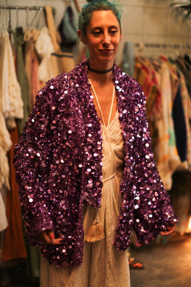 PURPLE SEQUIN EMBROIDERED KIMONO - sustainably made MOMO NEW YORK sustainable clothing, bestseller slow fashion