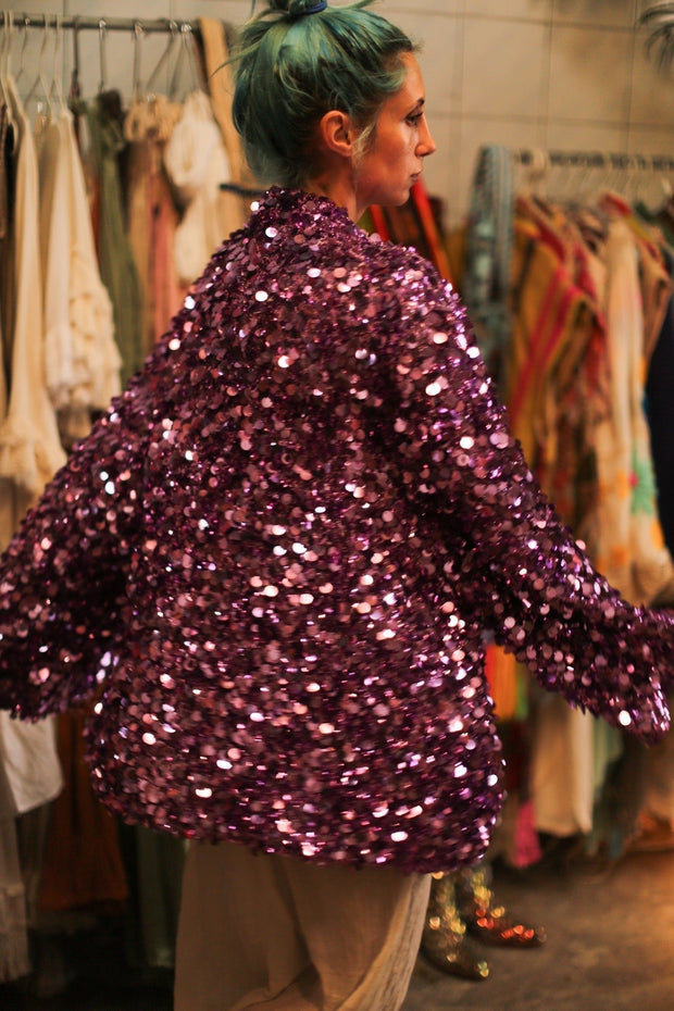 PURPLE SEQUIN EMBROIDERED KIMONO - sustainably made MOMO NEW YORK sustainable clothing, bestseller slow fashion