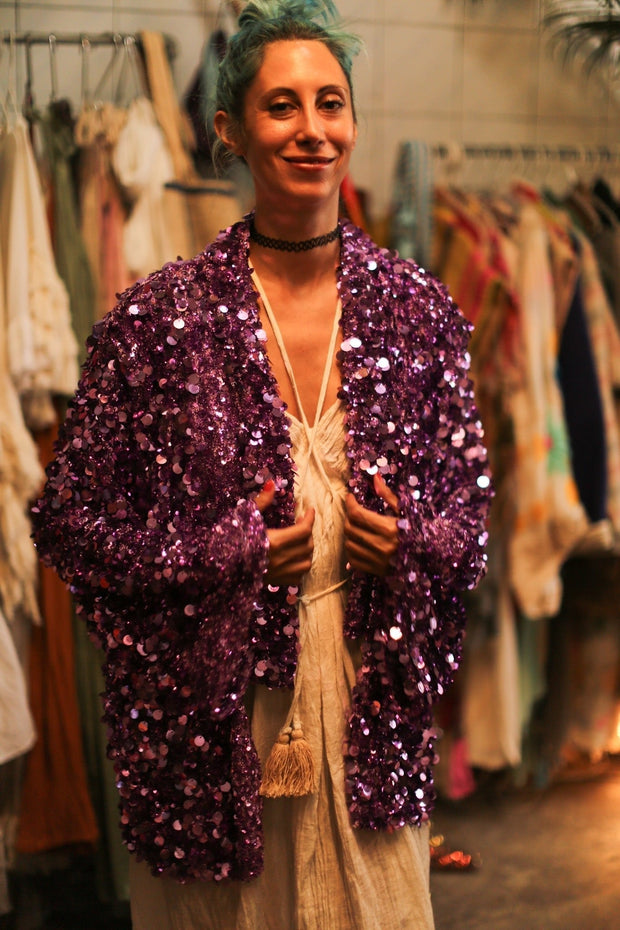 PURPLE SEQUIN EMBROIDERED KIMONO - sustainably made MOMO NEW YORK sustainable clothing, bestseller slow fashion