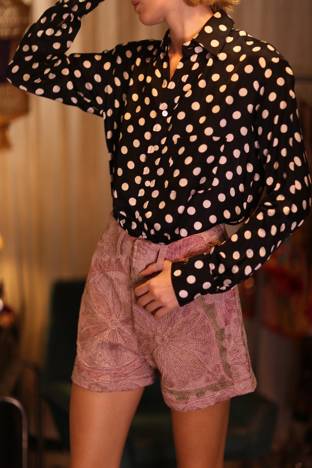 RAYA EMBROIDERED SHORTS PINK DREAMS - sustainably made MOMO NEW YORK sustainable clothing, embroidered slow fashion