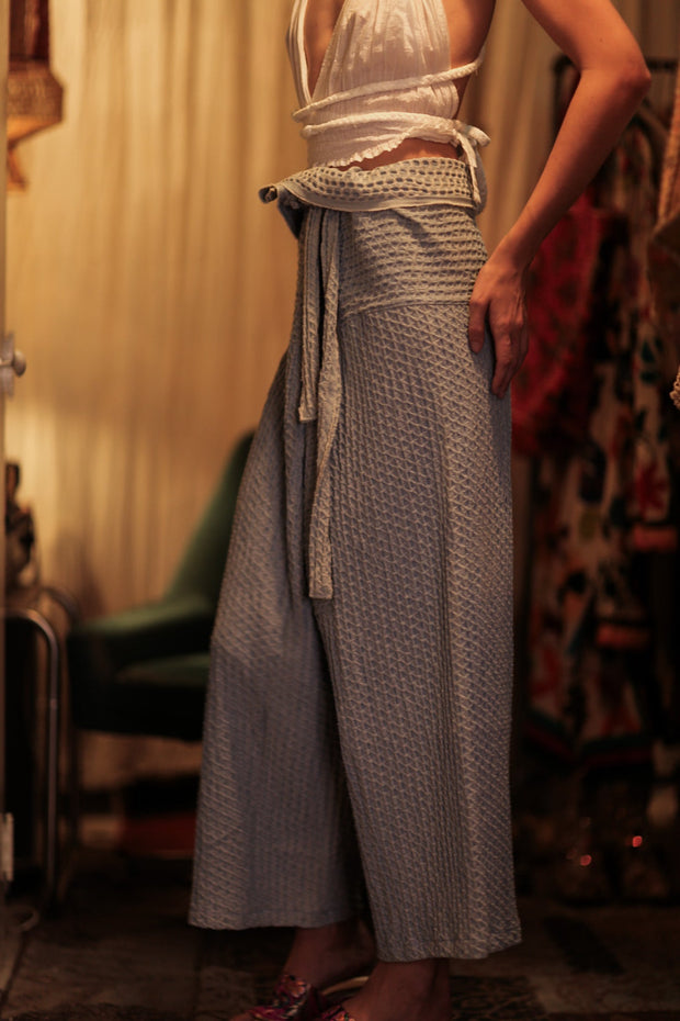 SAMIA PATTERNED SOFT DENIM FISHERMAN TROUSERS - sustainably made MOMO NEW YORK sustainable clothing, denim slow fashion