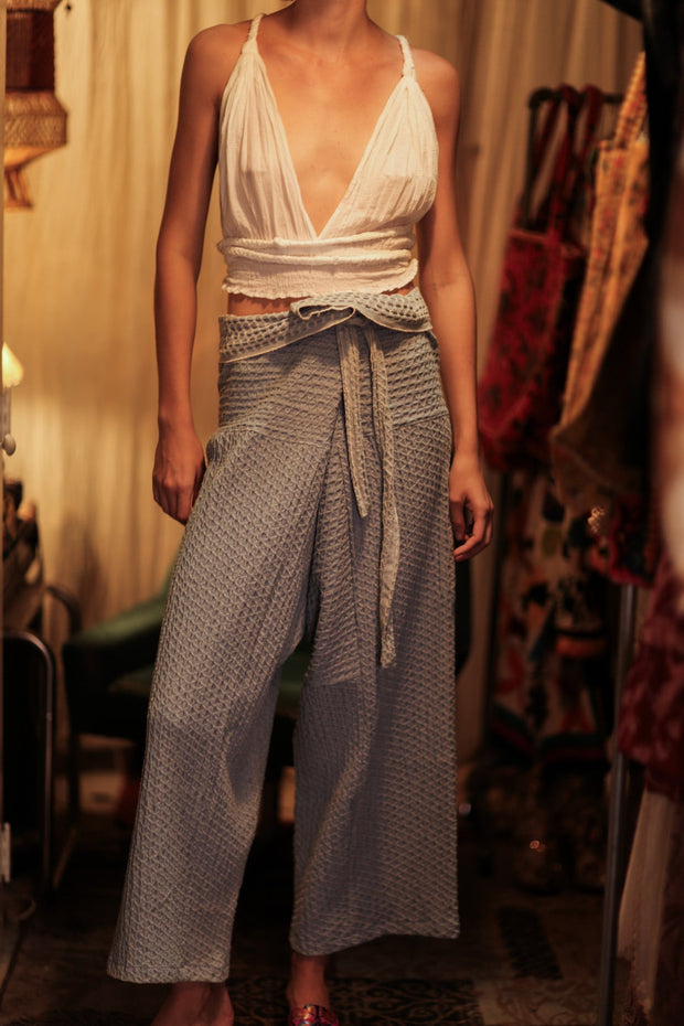 SAMIA PATTERNED SOFT DENIM FISHERMAN TROUSERS - sustainably made MOMO NEW YORK sustainable clothing, denim slow fashion