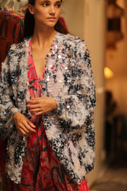 SEQUIN EMBROIDERED SHORT GLITTER KIMONO OLIVES - sustainably made MOMO NEW YORK sustainable clothing, kimono slow fashion