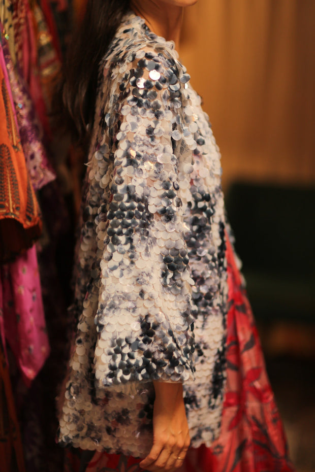 SEQUIN EMBROIDERED SHORT GLITTER KIMONO OLIVES - sustainably made MOMO NEW YORK sustainable clothing, kimono slow fashion