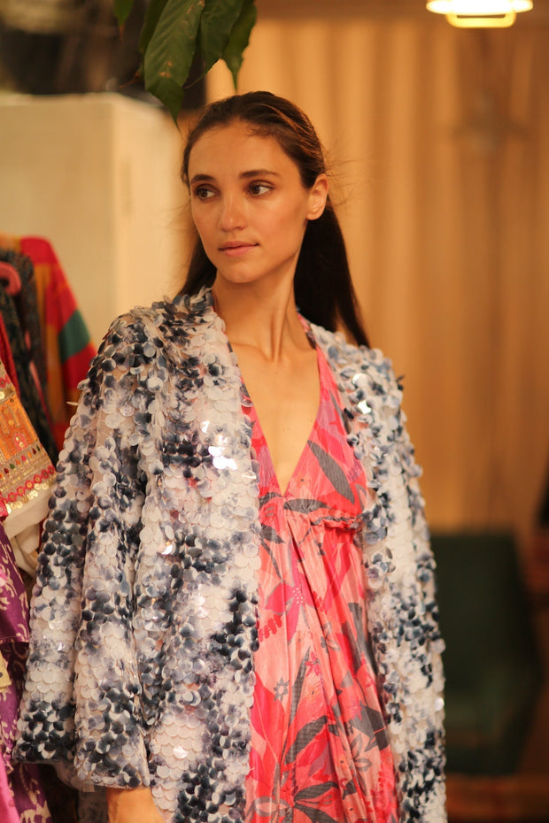 SEQUIN EMBROIDERED SHORT GLITTER KIMONO OLIVES - sustainably made MOMO NEW YORK sustainable clothing, kimono slow fashion