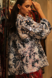 SEQUIN EMBROIDERED SHORT GLITTER KIMONO OLIVES - sustainably made MOMO NEW YORK sustainable clothing, kimono slow fashion