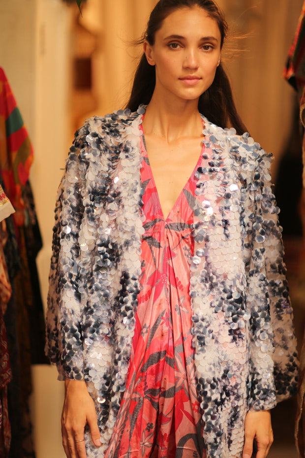 SEQUIN EMBROIDERED SHORT GLITTER KIMONO OLIVES - sustainably made MOMO NEW YORK sustainable clothing, kimono slow fashion