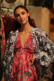 SEQUIN EMBROIDERED SHORT GLITTER KIMONO OLIVES - sustainably made MOMO NEW YORK sustainable clothing, kimono slow fashion
