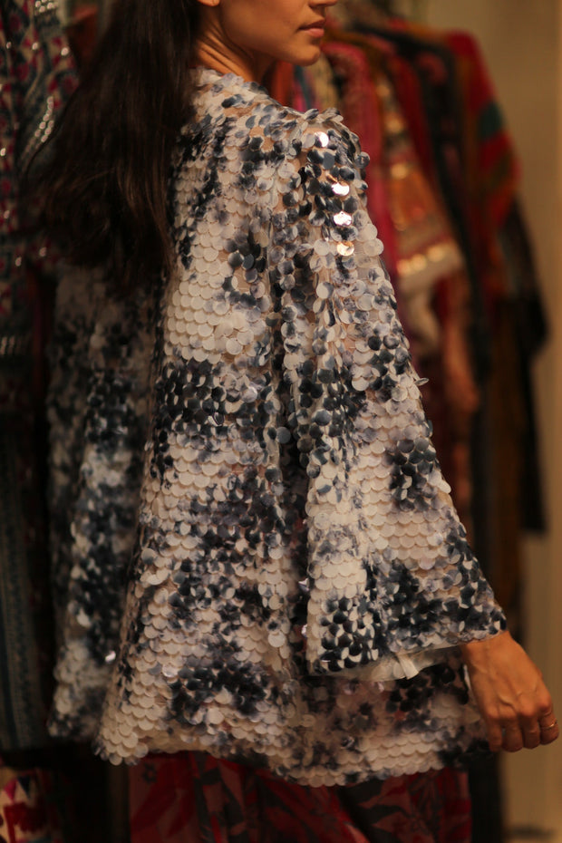 SEQUIN EMBROIDERED SHORT GLITTER KIMONO OLIVES - sustainably made MOMO NEW YORK sustainable clothing, kimono slow fashion