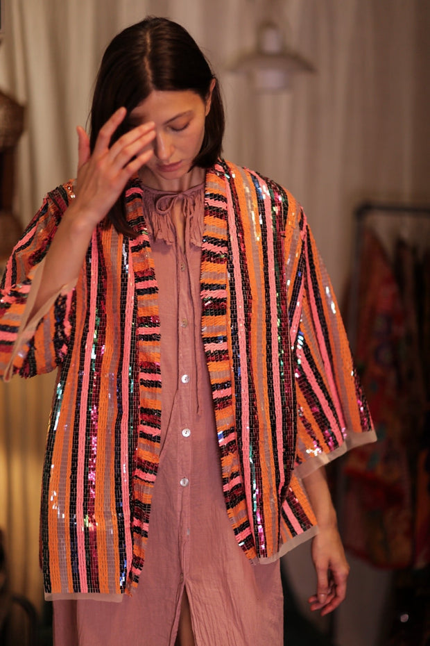 SEQUIN EMBROIDERED SHORT KIMONO UMRA - sustainably made MOMO NEW YORK sustainable clothing, Kimono slow fashion