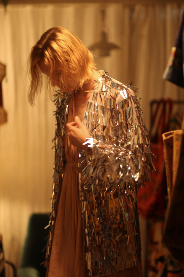 SEQUIN SILVER GLITTER KIMONO FRANKA - sustainably made MOMO NEW YORK sustainable clothing, Kimono slow fashion