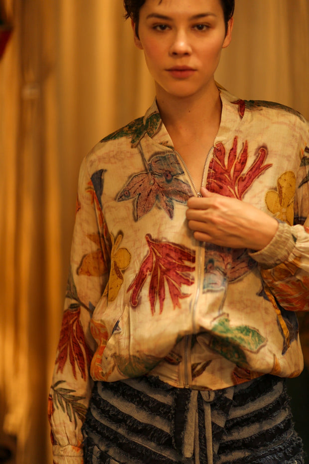 SILK BLOCK PRINT BOMBER JACKET ANCHA PRESSED FLOWERS - sustainably made MOMO NEW YORK sustainable clothing, bomber slow fashion