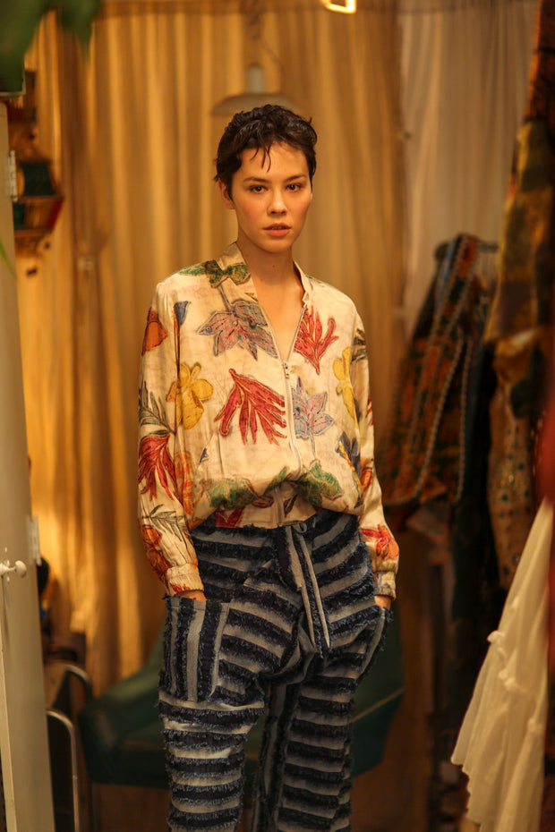 SILK BLOCK PRINT BOMBER JACKET ANCHA PRESSED FLOWERS - sustainably made MOMO NEW YORK sustainable clothing, bomber slow fashion