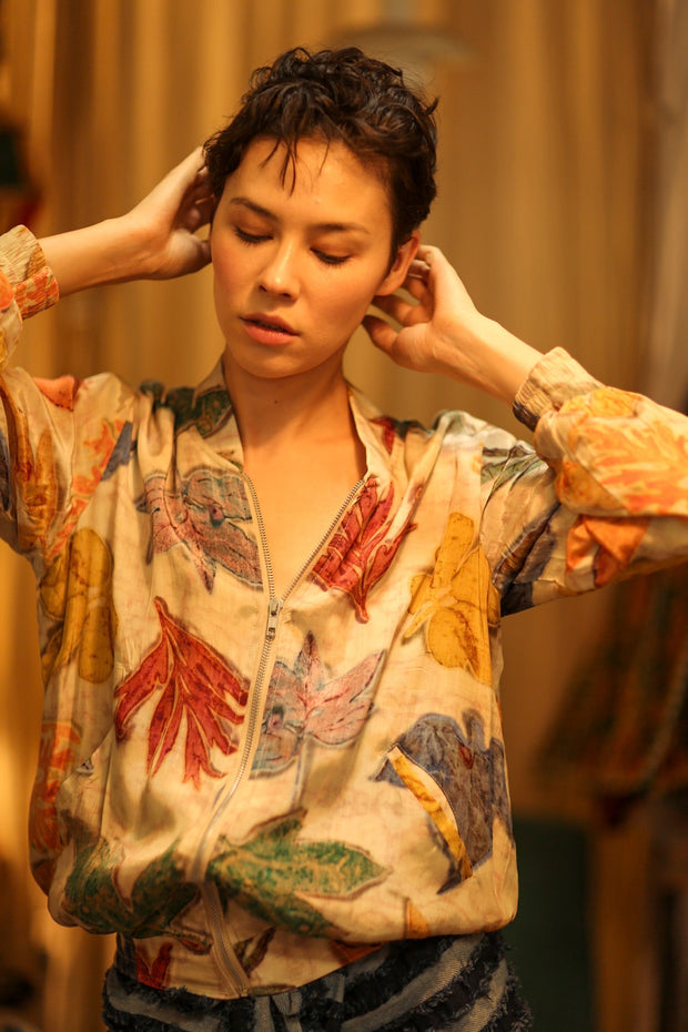 SILK BLOCK PRINT BOMBER JACKET ANCHA PRESSED FLOWERS - sustainably made MOMO NEW YORK sustainable clothing, bomber slow fashion