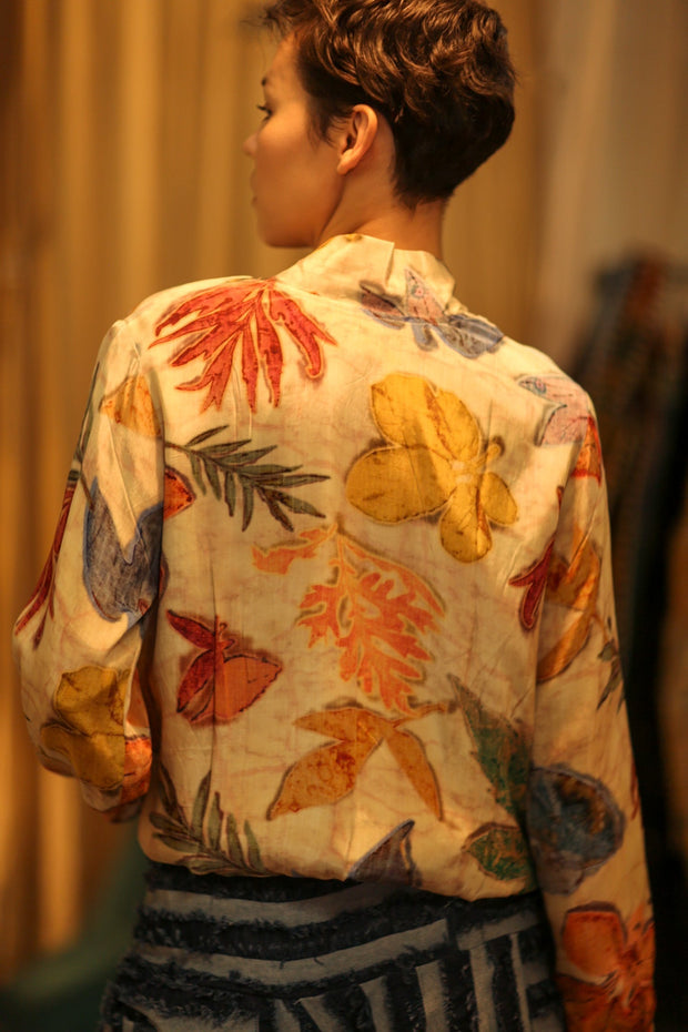 SILK BLOCK PRINT BOMBER JACKET ANCHA PRESSED FLOWERS - sustainably made MOMO NEW YORK sustainable clothing, bomber slow fashion