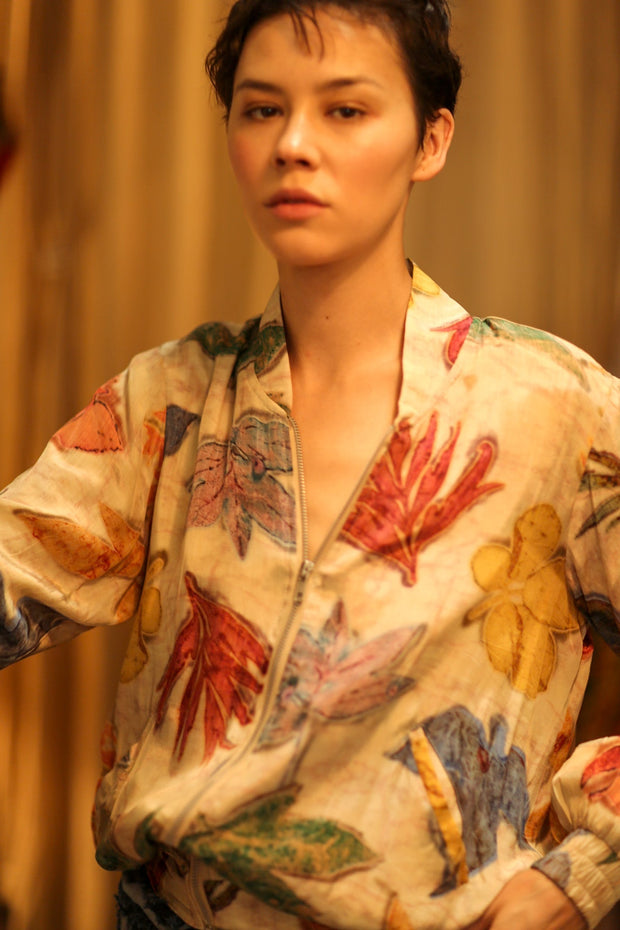 SILK BLOCK PRINT BOMBER JACKET ANCHA PRESSED FLOWERS - sustainably made MOMO NEW YORK sustainable clothing, bomber slow fashion