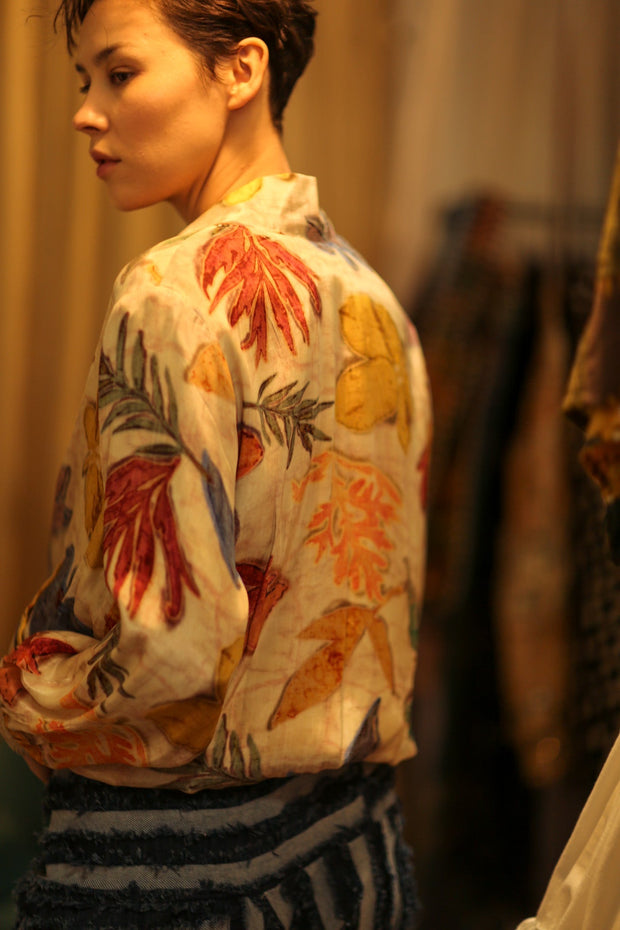 SILK BLOCK PRINT BOMBER JACKET ANCHA PRESSED FLOWERS - sustainably made MOMO NEW YORK sustainable clothing, bomber slow fashion