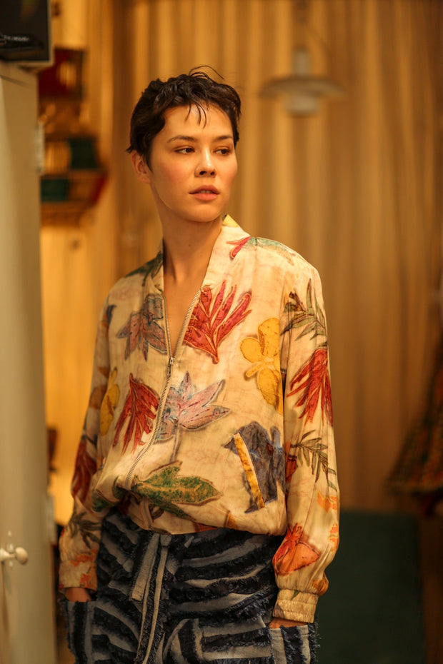 SILK BLOCK PRINT BOMBER JACKET ANCHA PRESSED FLOWERS - sustainably made MOMO NEW YORK sustainable clothing, bomber slow fashion