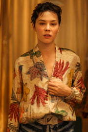 SILK BLOCK PRINT BOMBER JACKET ANCHA PRESSED FLOWERS - sustainably made MOMO NEW YORK sustainable clothing, bomber slow fashion