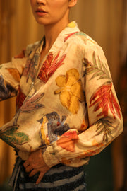 SILK BLOCK PRINT BOMBER JACKET ANCHA PRESSED FLOWERS - sustainably made MOMO NEW YORK sustainable clothing, bomber slow fashion