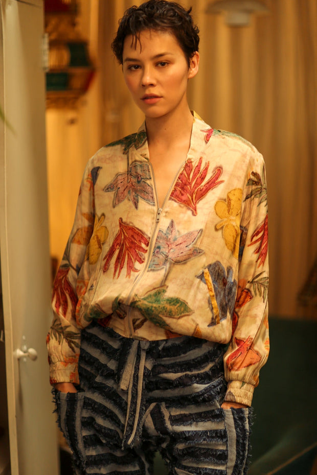 SILK BLOCK PRINT BOMBER JACKET ANCHA PRESSED FLOWERS - sustainably made MOMO NEW YORK sustainable clothing, bomber slow fashion