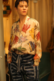 SILK BLOCK PRINT BOMBER JACKET ANCHA PRESSED FLOWERS - sustainably made MOMO NEW YORK sustainable clothing, bomber slow fashion