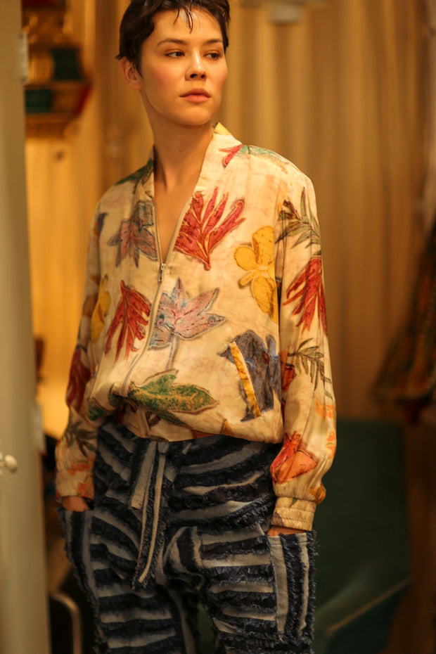 SILK BLOCK PRINT BOMBER JACKET ANCHA PRESSED FLOWERS - sustainably made MOMO NEW YORK sustainable clothing, bomber slow fashion