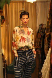 SILK BLOCK PRINT BOMBER JACKET ANCHA PRESSED FLOWERS - sustainably made MOMO NEW YORK sustainable clothing, bomber slow fashion