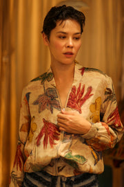 SILK BLOCK PRINT BOMBER JACKET ANCHA PRESSED FLOWERS - sustainably made MOMO NEW YORK sustainable clothing, bomber slow fashion