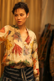 SILK BLOCK PRINT BOMBER JACKET ANCHA PRESSED FLOWERS - sustainably made MOMO NEW YORK sustainable clothing, bomber slow fashion
