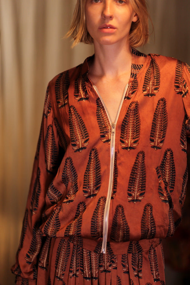 SILK BOMBER JACKET ANCHA BROWN LEAFES - sustainably made MOMO NEW YORK sustainable clothing, coatandjacket slow fashion