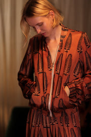 SILK BOMBER JACKET ANCHA BROWN LEAFES - sustainably made MOMO NEW YORK sustainable clothing, coatandjacket slow fashion