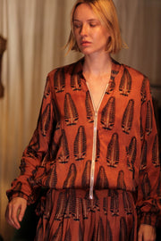 SILK BOMBER JACKET ANCHA BROWN LEAFES - sustainably made MOMO NEW YORK sustainable clothing, coatandjacket slow fashion