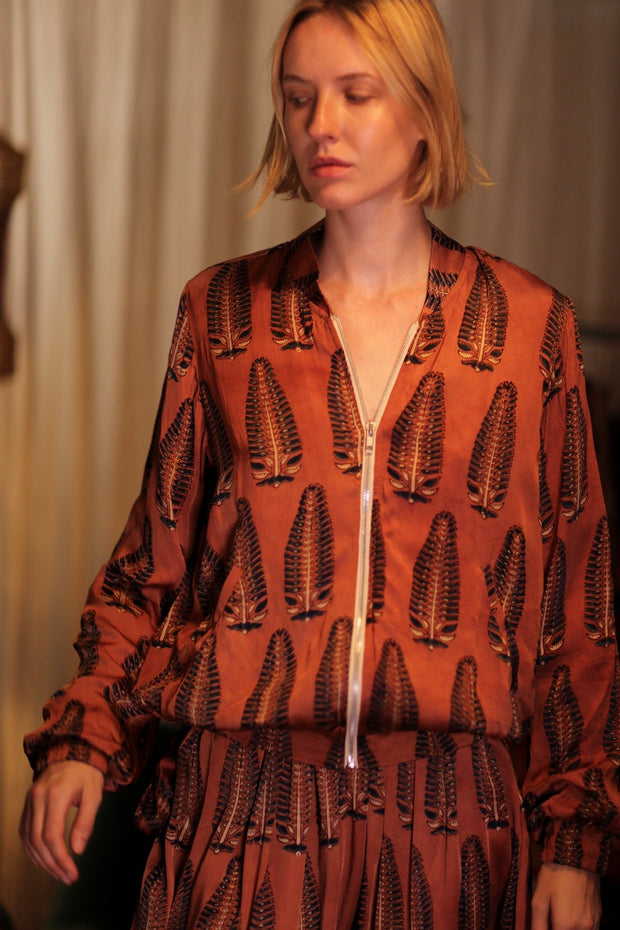 SILK BOMBER JACKET ANCHA BROWN LEAFES - sustainably made MOMO NEW YORK sustainable clothing, coatandjacket slow fashion