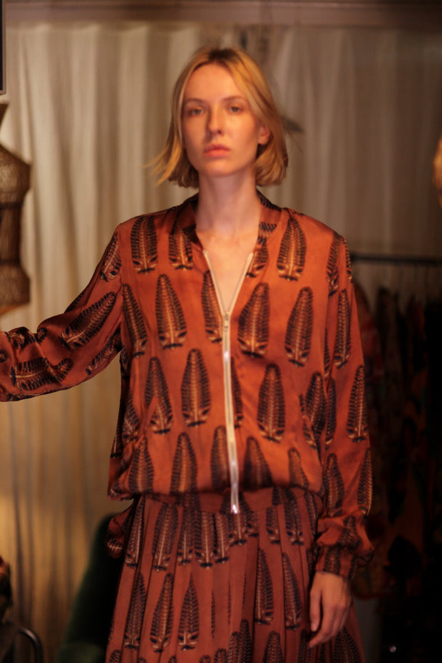 SILK BOMBER JACKET ANCHA BROWN LEAFES - sustainably made MOMO NEW YORK sustainable clothing, coatandjacket slow fashion