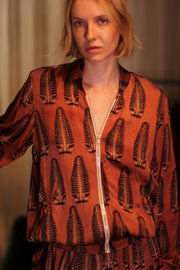 SILK BOMBER JACKET ANCHA BROWN LEAFES - sustainably made MOMO NEW YORK sustainable clothing, coatandjacket slow fashion