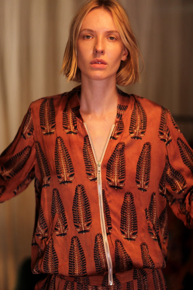 SILK BOMBER JACKET ANCHA BROWN LEAFES - sustainably made MOMO NEW YORK sustainable clothing, coatandjacket slow fashion
