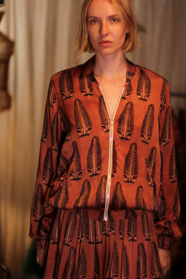 SILK BOMBER JACKET ANCHA BROWN LEAFES - sustainably made MOMO NEW YORK sustainable clothing, coatandjacket slow fashion