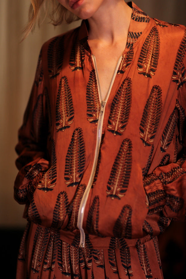 SILK BOMBER JACKET ANCHA BROWN LEAFES - sustainably made MOMO NEW YORK sustainable clothing, coatandjacket slow fashion