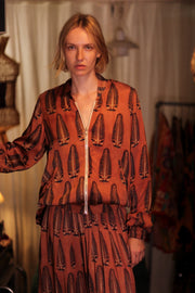 SILK BOMBER JACKET ANCHA BROWN LEAFES - sustainably made MOMO NEW YORK sustainable clothing, coatandjacket slow fashion