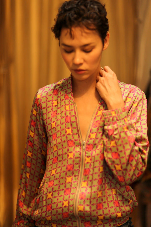 SILK BOMBER JACKET ANCHA GEOMETRIC - sustainably made MOMO NEW YORK sustainable clothing, bomber slow fashion