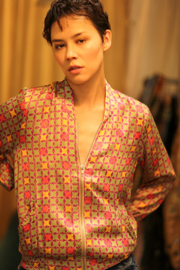 SILK BOMBER JACKET ANCHA GEOMETRIC - sustainably made MOMO NEW YORK sustainable clothing, bomber slow fashion