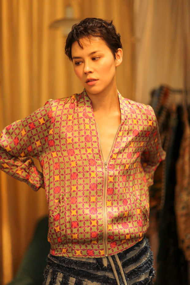 SILK BOMBER JACKET ANCHA GEOMETRIC - sustainably made MOMO NEW YORK sustainable clothing, bomber slow fashion